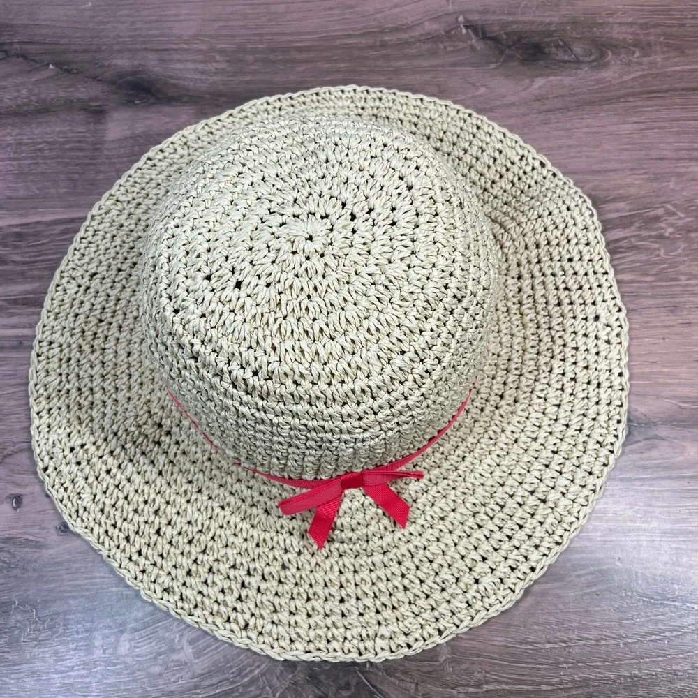 Gymboree Floppy Sun Hat Kids Beige Red Ribbon Bow Woven Straw Wide Brim M